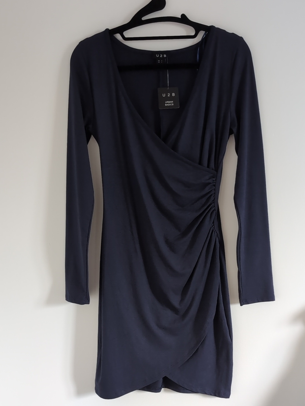 U2B Navy Long-Sleeve Ruched Faux-Wrap Dress